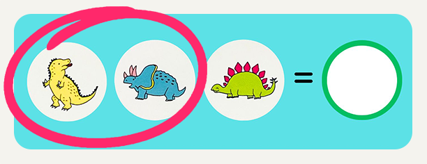 イグアノドン・トリケラトプス・ステゴサウルス＝①　イグアノドンとトリケラトプスに赤い丸がついている画像